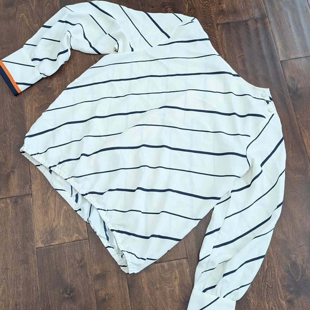 LOFT White and Blue Striped Button Down Blouse Medium